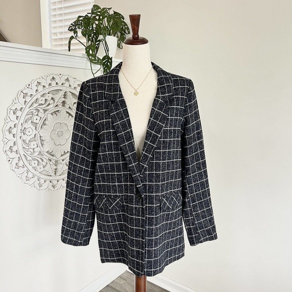 FRNCH | Lou Blazer Navy Blue Windowpane Plaid Size Medium - Picture 1 of 9